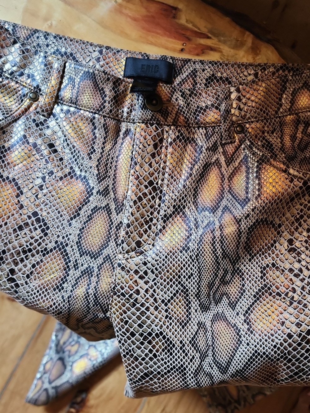 ERIC Metallic Gold-Brown Snake-Print Skinny Jeans, 10
